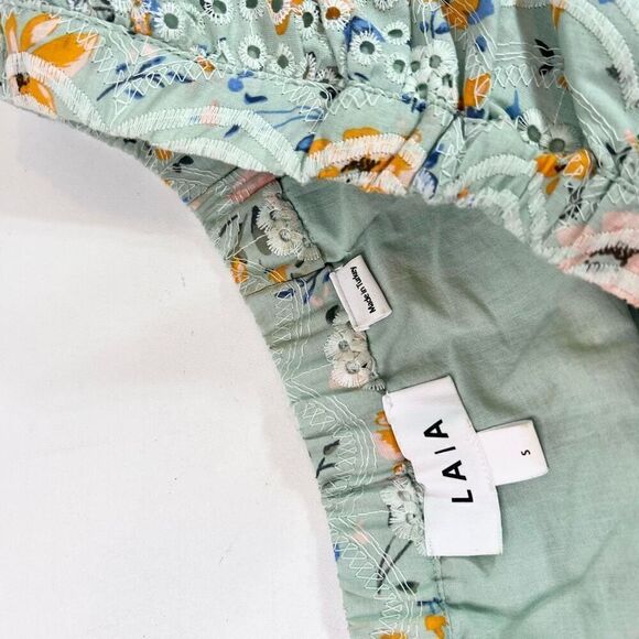 LAIA Tops Womens Small Green Floral Short-Sleeve Boat Neck Cotton Blouse Eyelet - Picture 7 of 10